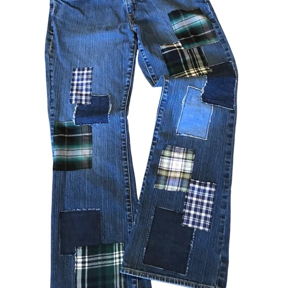Flannel Patchwork Jeans, 8: Upcycled Flared Grunge Hippie Jeans, Funky Pants - Picture 11 of 15